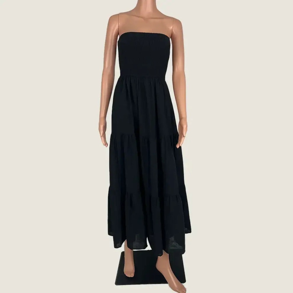 pink diamond long black strapless maxi tiered dress
